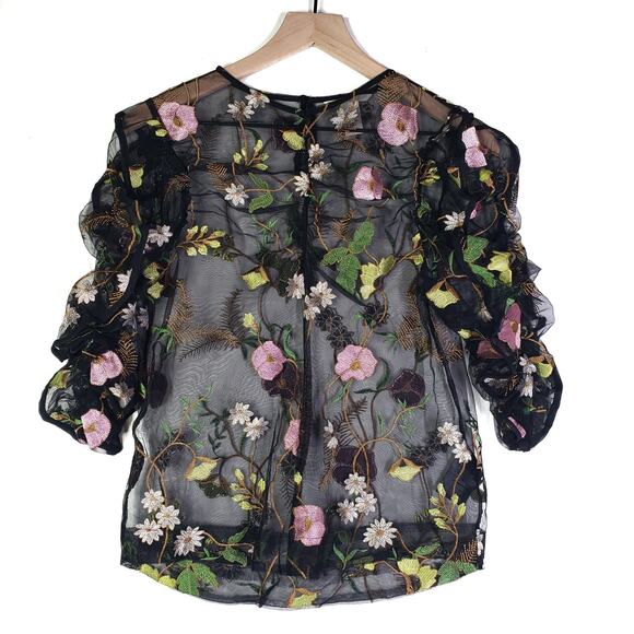 H&M Sheer Floral Embroidered‎ Blouse 4 Black Puff 3/4 Sleeve Top - Picture 2 of 11